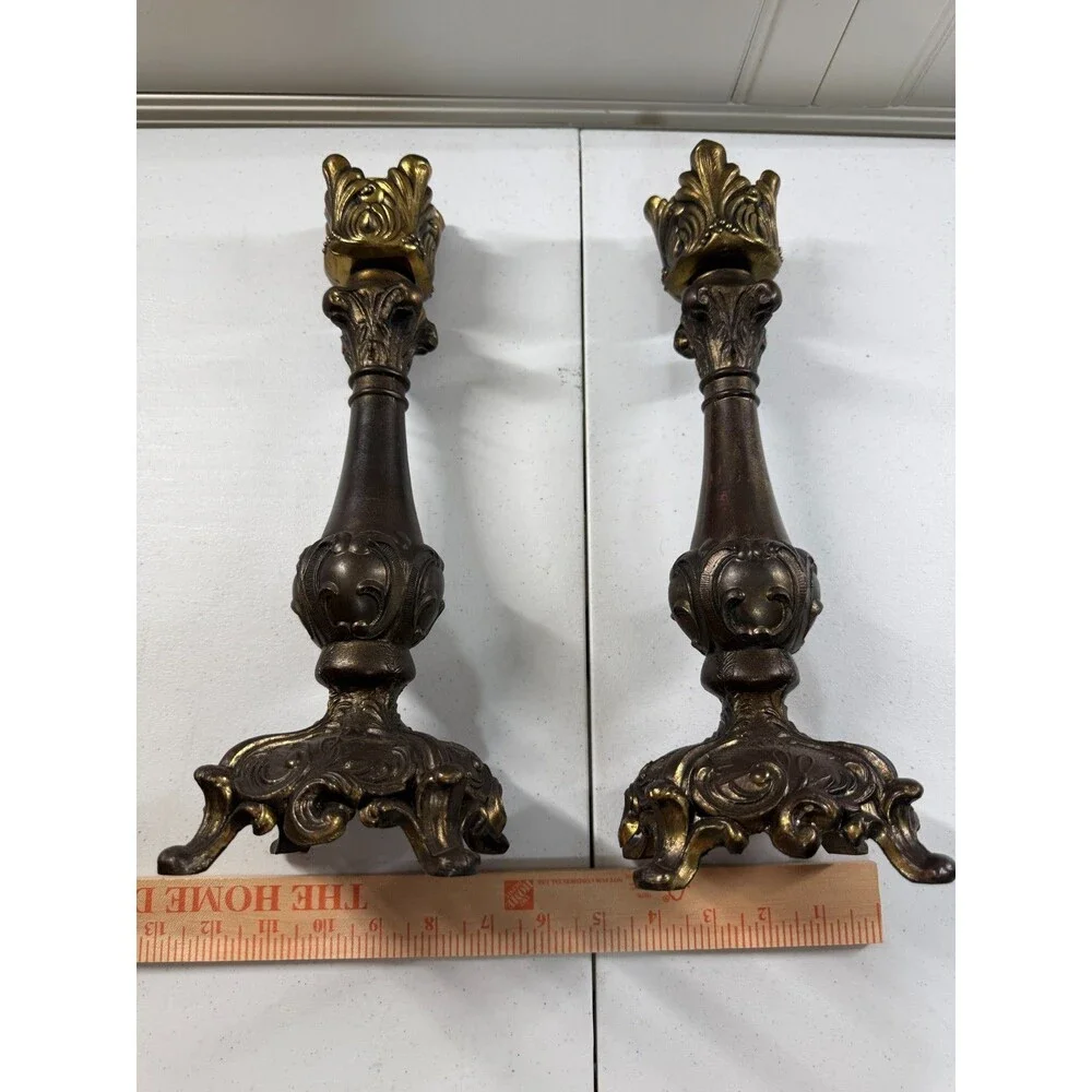 Vintage Rococo Revival Bronzed Spelter Candlesticks Pair 13” Gothic Victorian